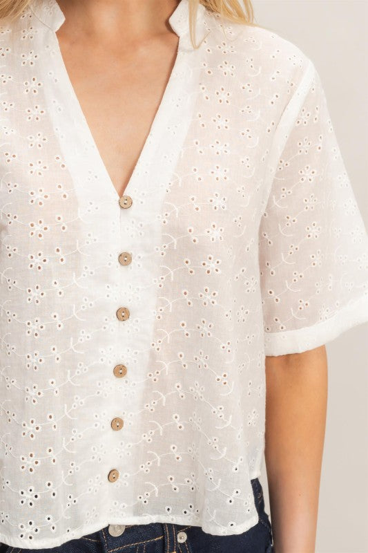 Eyelet Mandarin Collar Top