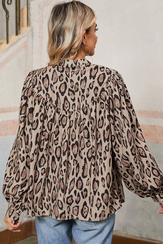 Leopard Balloon Sleeve Blouse