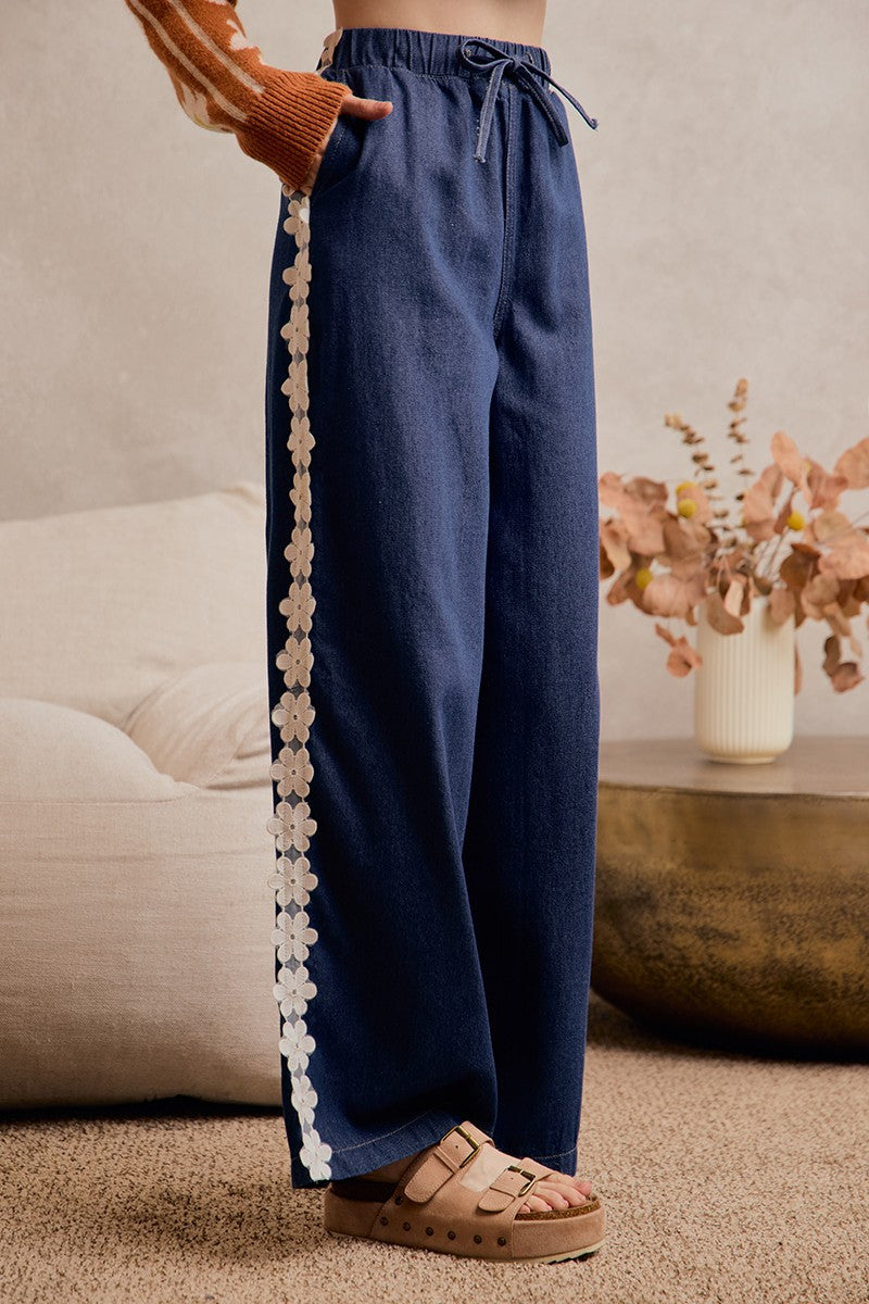 Lace Trim Drawstring Denim