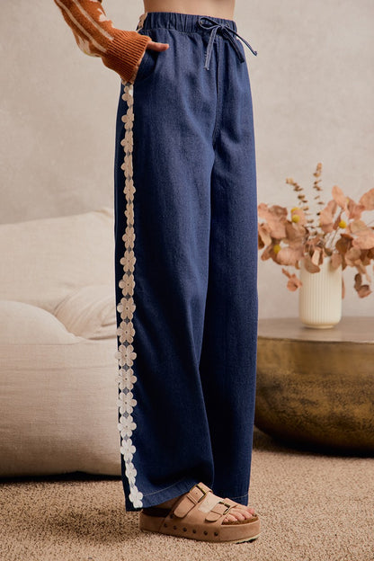 Lace Trim Drawstring Denim