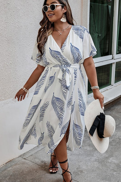 Leaf Print Belt Dress - Extended Sizing