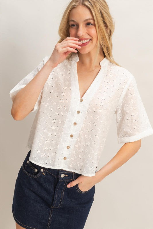 Eyelet Mandarin Collar Top