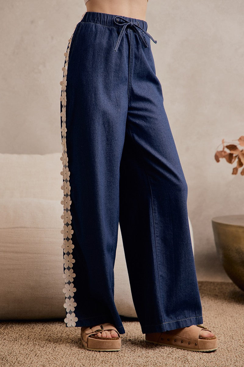 Lace Trim Drawstring Denim