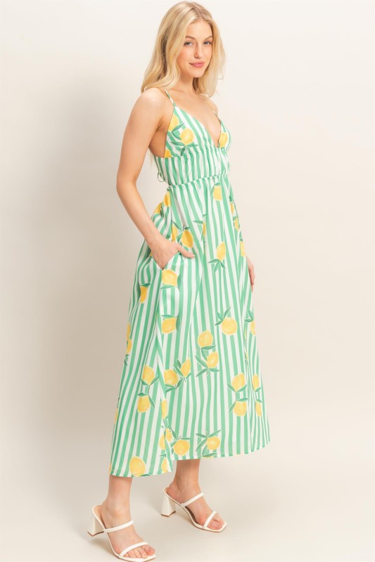 Striped Lemon Print Midi Dress
