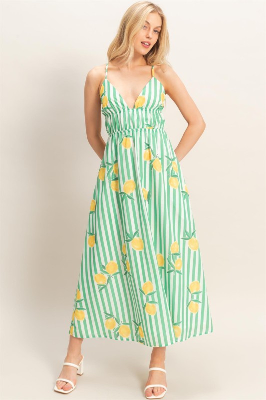 Striped Lemon Print Midi Dress