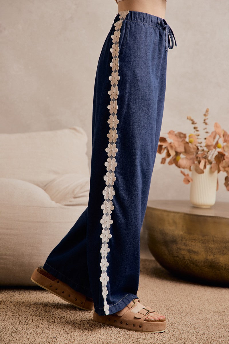 Lace Trim Drawstring Denim
