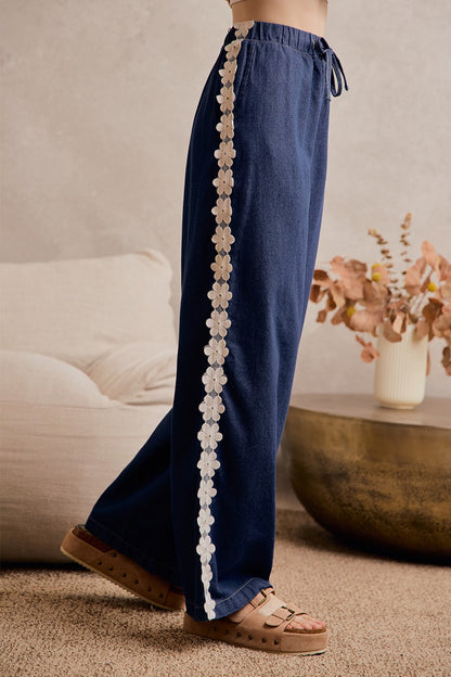 Lace Trim Drawstring Denim